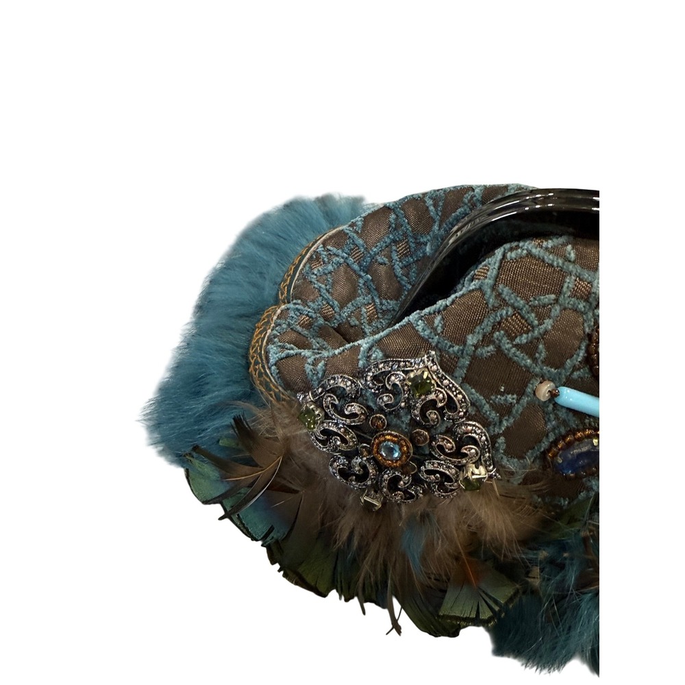 Mary Frances Beaded Feather Fur Evening Clutch Handbag Blue Brown Jeweled Purse - Picture 4 of 16